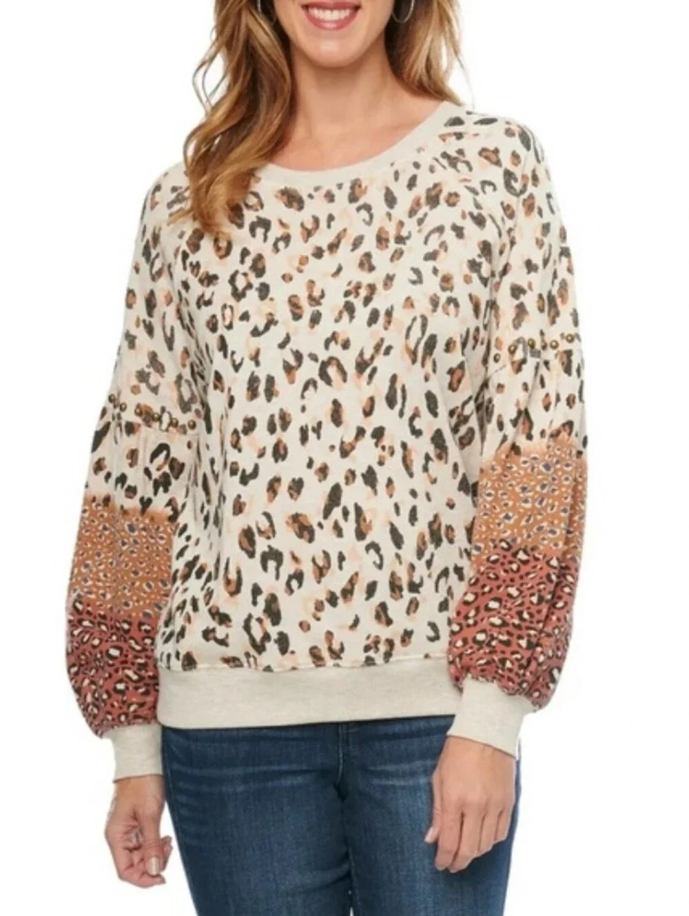 Boutique Leopard Sweater with Studded Puff Sleeves